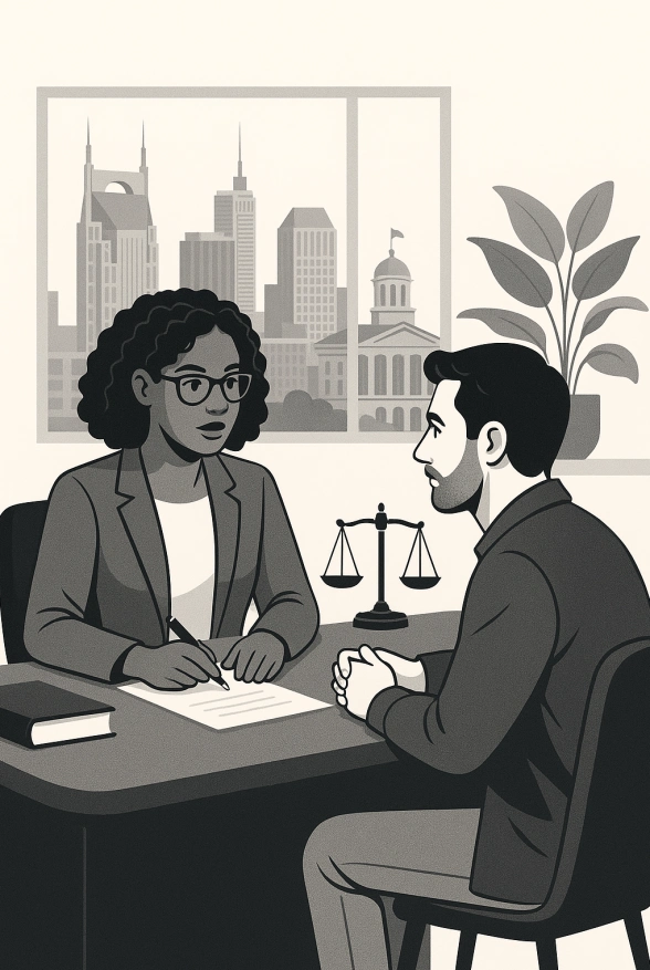 Nashville lawyer consulting client in office